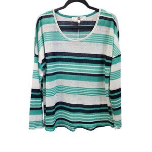 W.F. Women's L Green Striped Long Sleeve Pullover Knit Top 2269